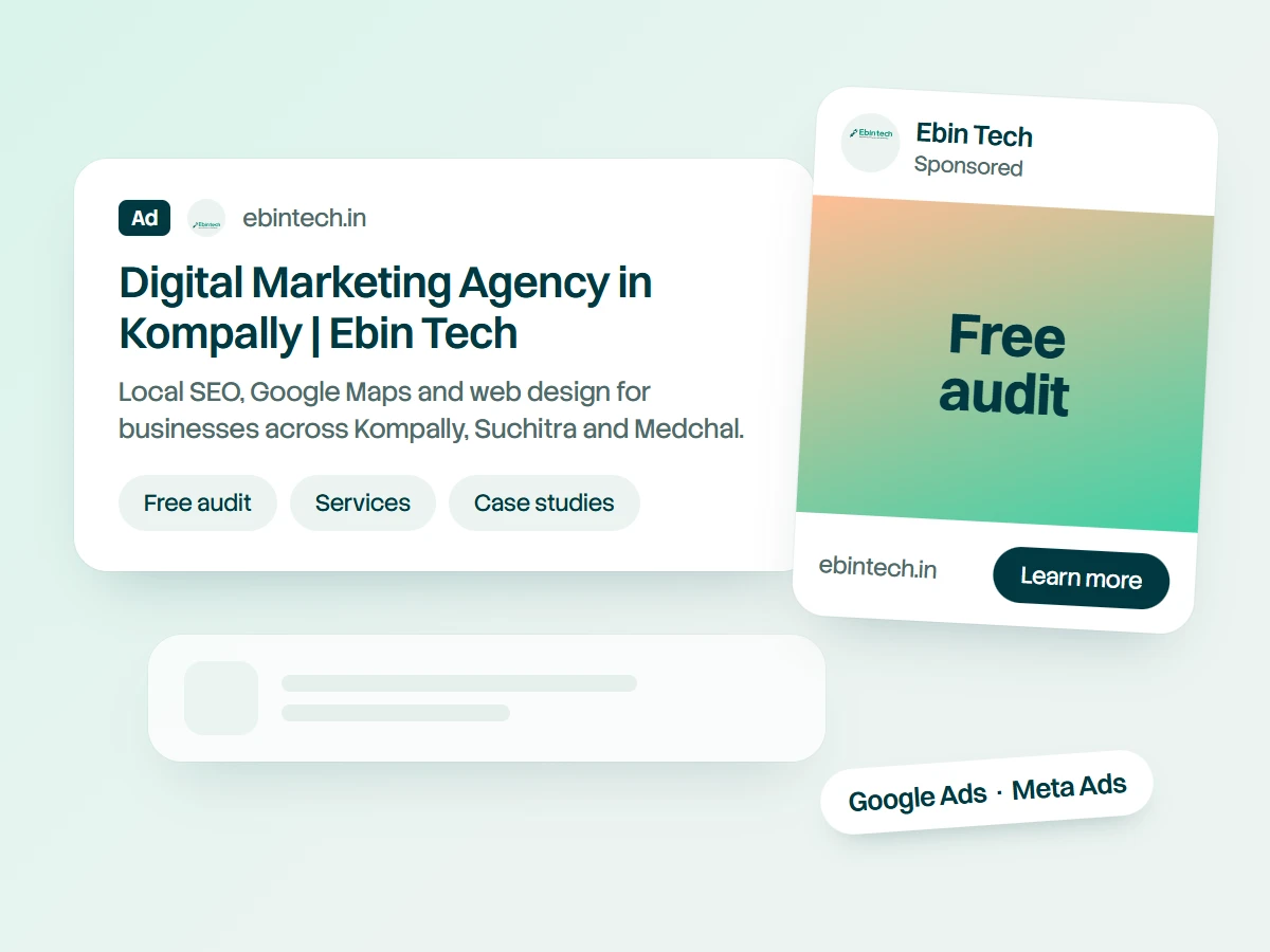 Google search ad and Meta sponsored ad for Ebin Tech