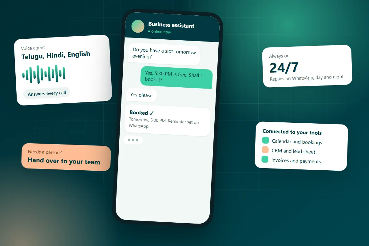 AI assistant chat booking an appointment, with a voice agent and connected tools