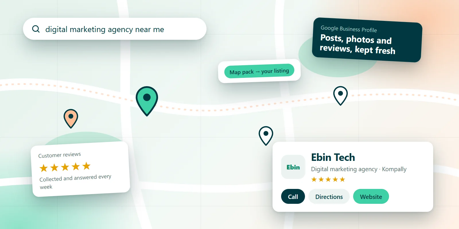 Kompally map with Ebin Tech listing, reviews and Google Business Profile posts