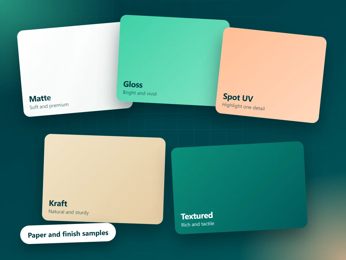 Paper and finish samples: matte, gloss, spot UV, kraft and textured
