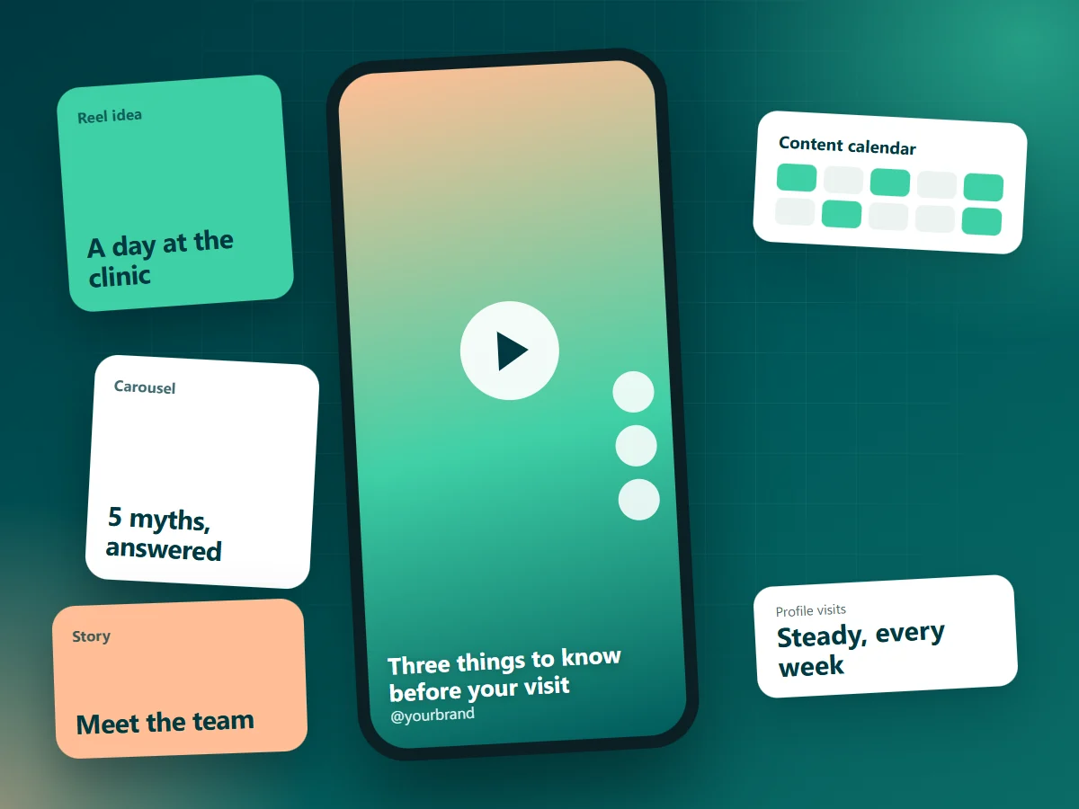 Phone showing a reel with a content calendar, carousel and story ideas