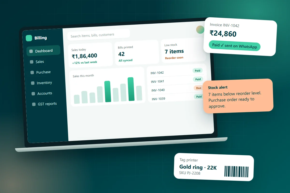 Custom business software dashboard with sales, stock and invoices on a laptop