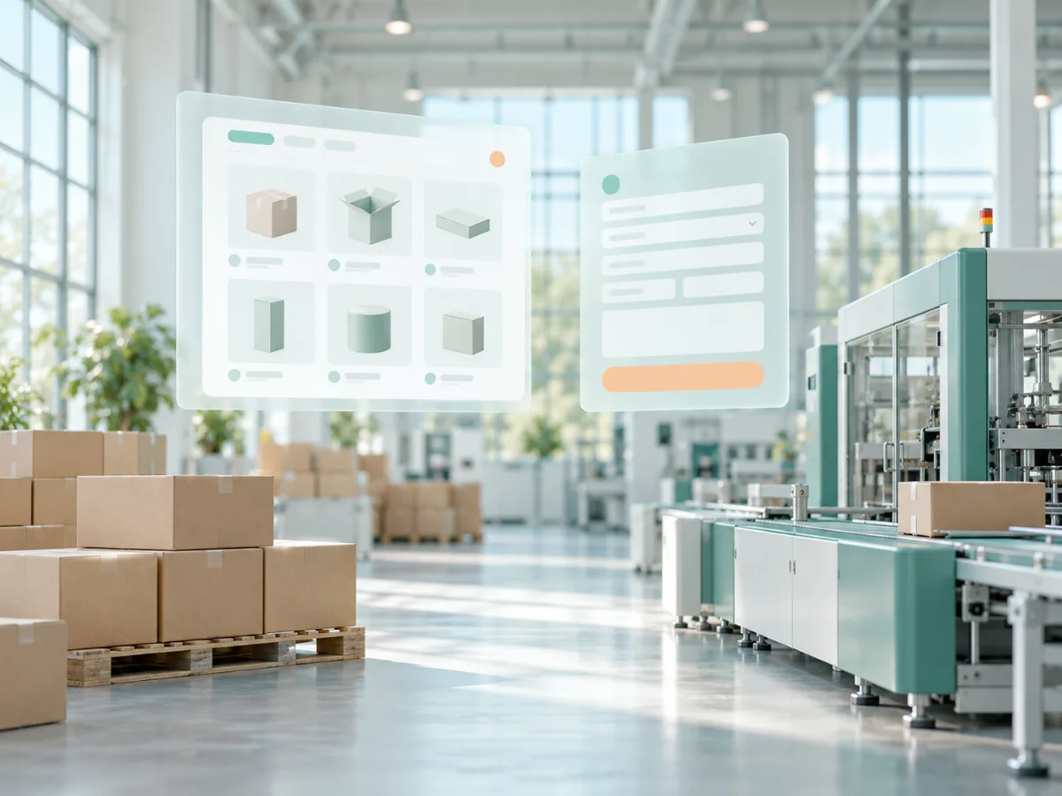 Factory floor with product catalogue and quote request cards