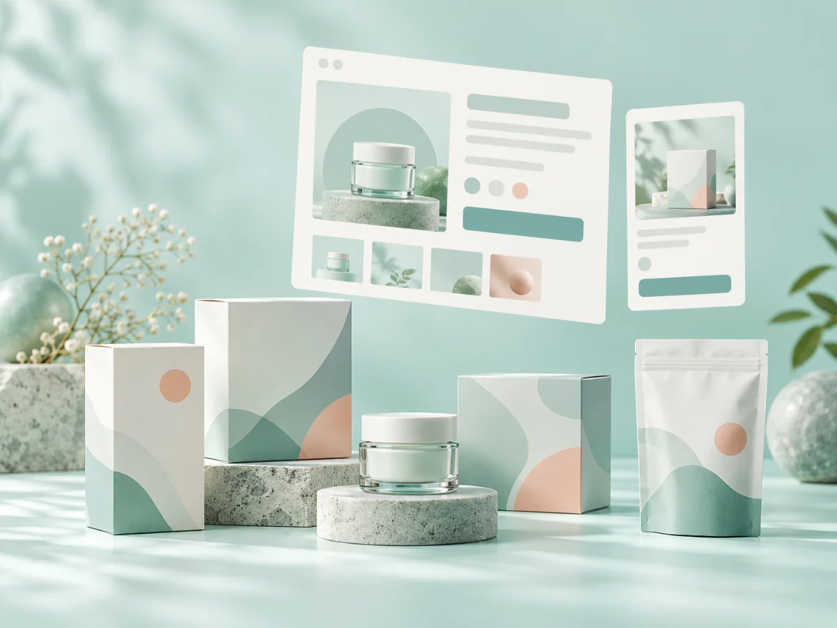 Product boxes, a glass jar and a pouch on a mint surface with floating product page and ad cards