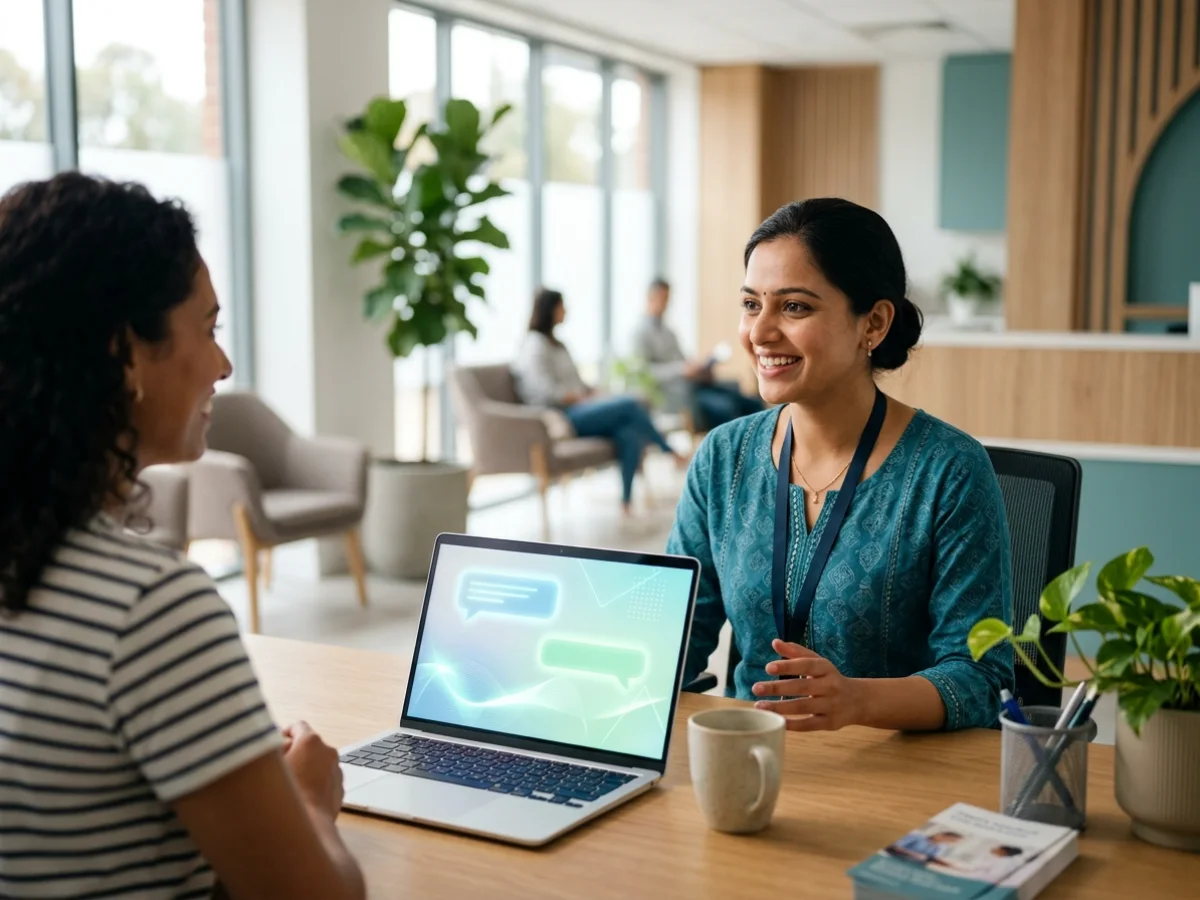 Receptionist smiling at a patient while a laptop shows an assistant at work