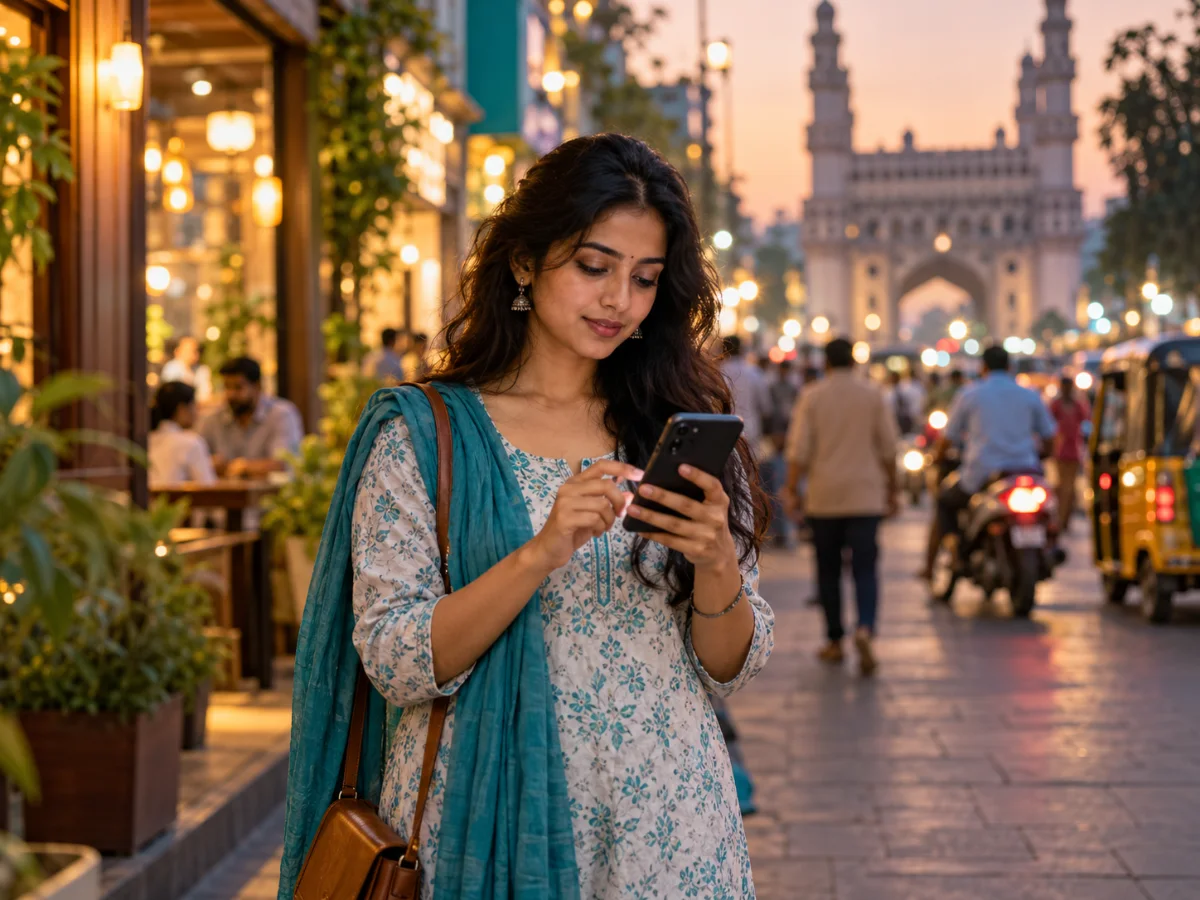 Woman checking a text message on her phone on a Hyderabad street