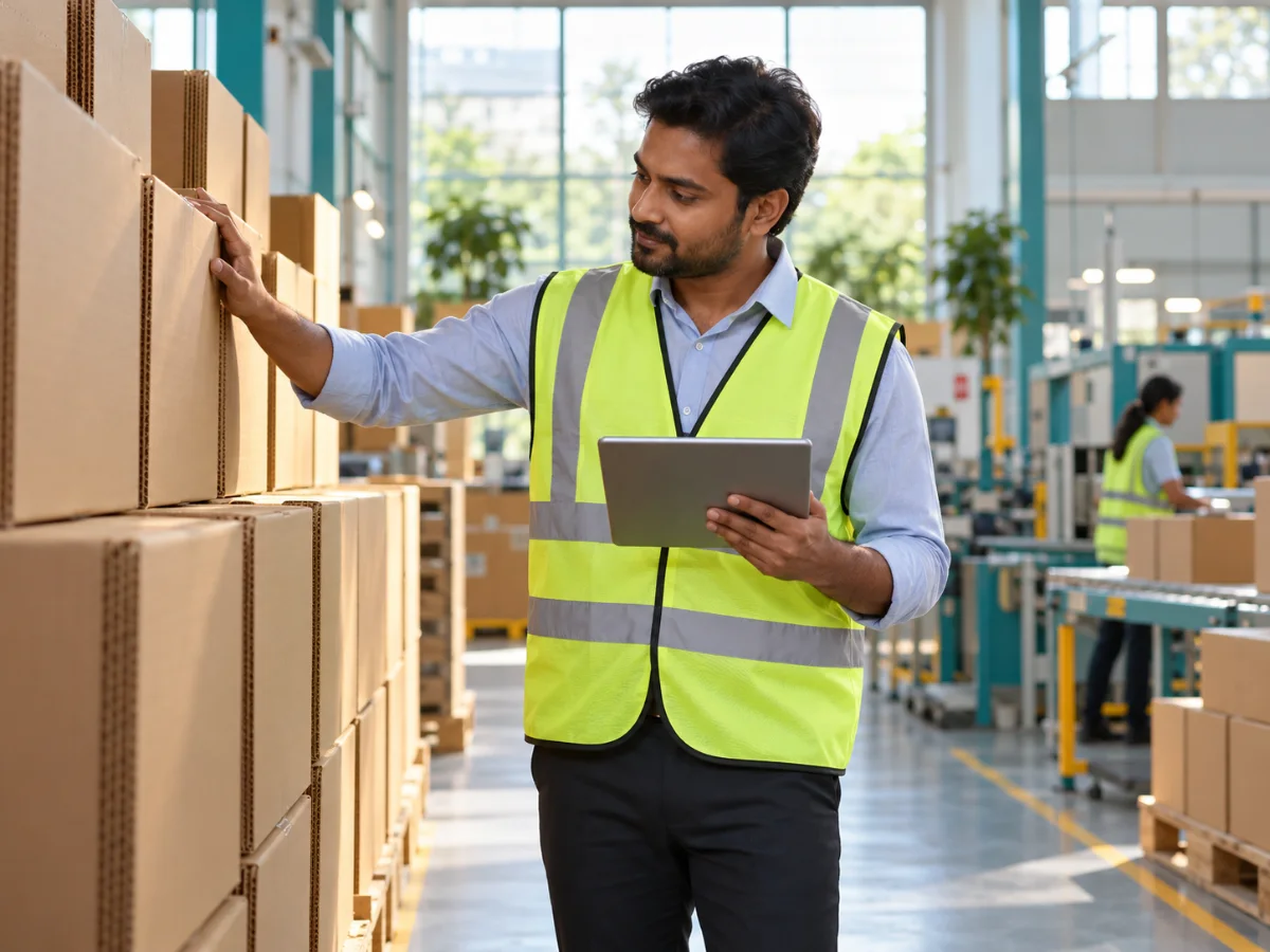 Factory manager checking stock with a tablet