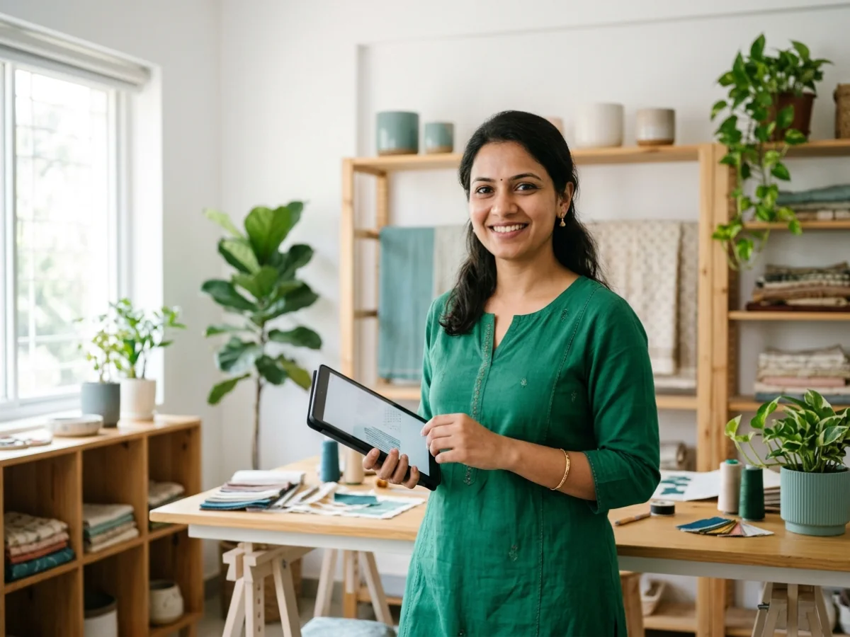 Business owner in her boutique studio planning custom software on a tablet