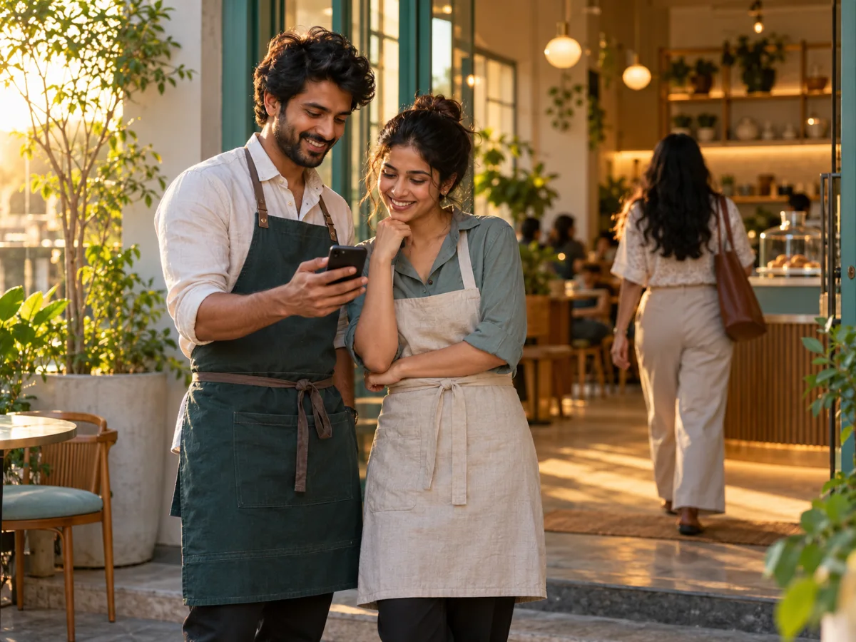 Two cafe owners in Hyderabad smiling at their phone at the entrance of their shop