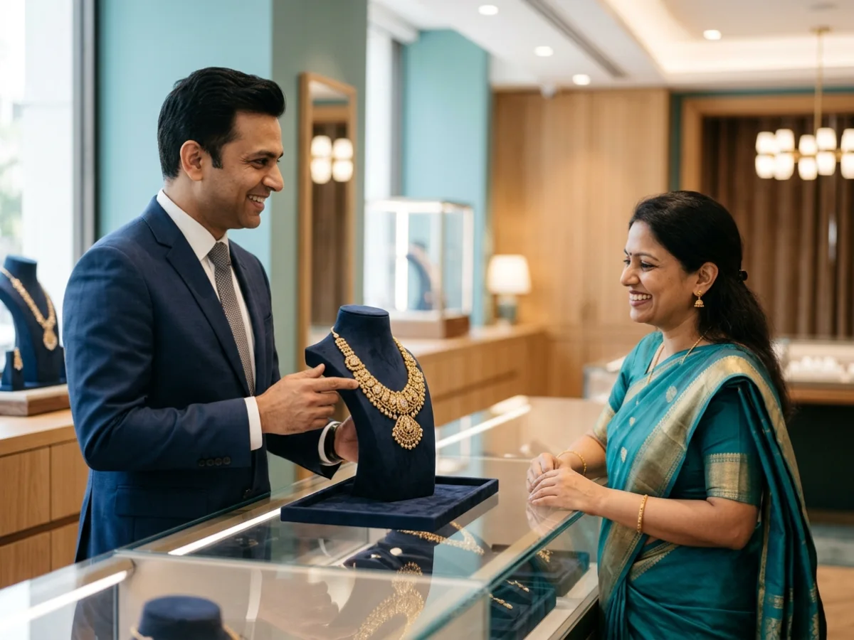 Jeweller showing a gold necklace to a customer across a glass counter