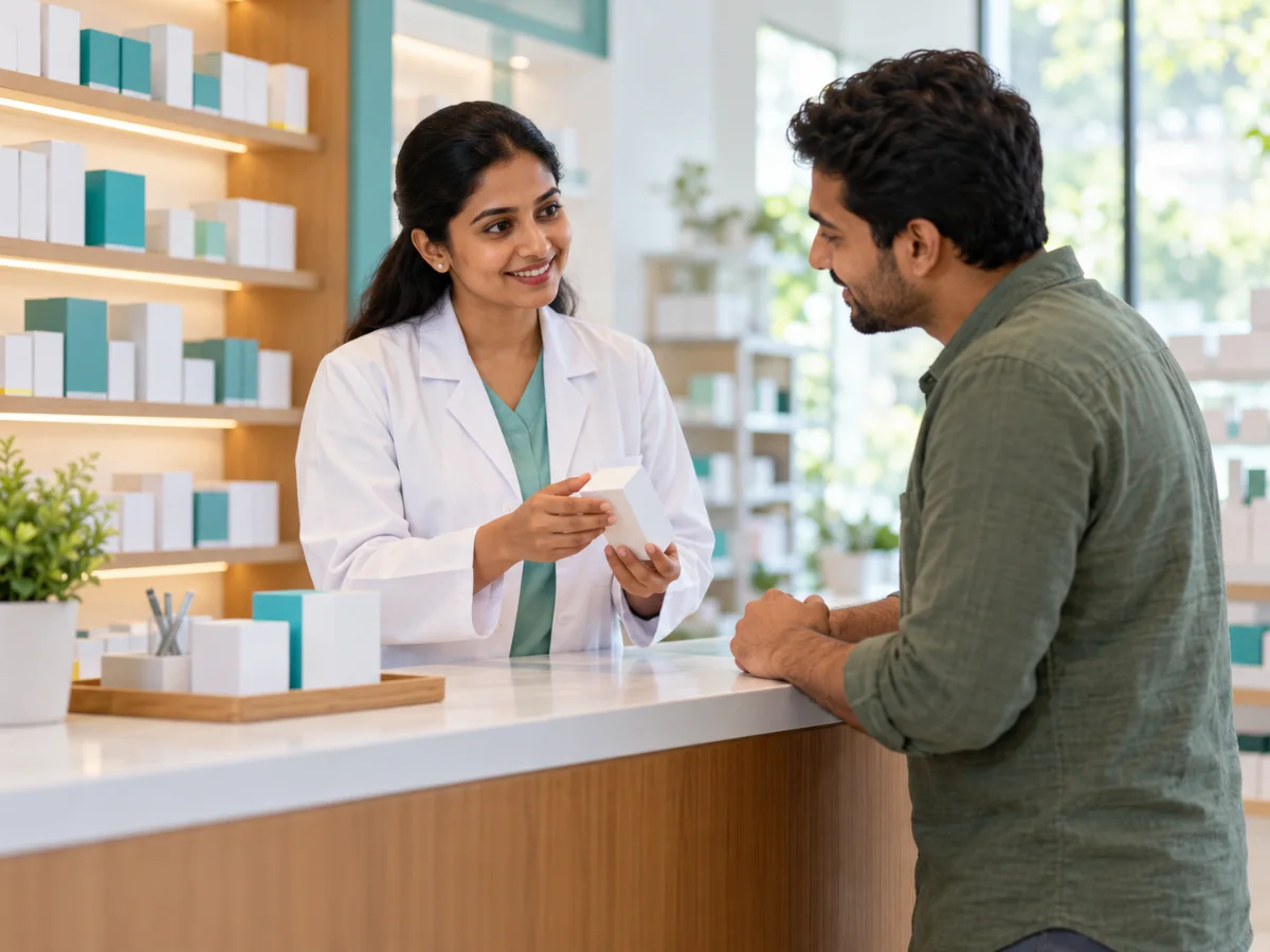 Medical store counter with boxed medicines and a sample collection tray, with floating map pin and chat cards