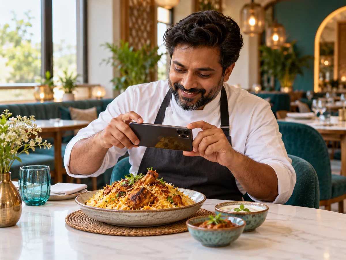 Plated colourful dish on a wooden table with a menu card, a phone and a floating order chip
