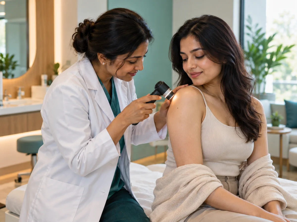 Doctor with a patient in a bright, modern clinic, representing Skin & Dermatology Clinics in Hyderabad
