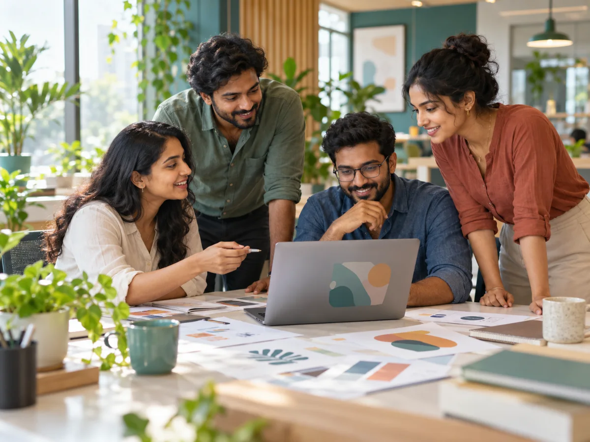 Marketing team planning a campaign around a laptop
