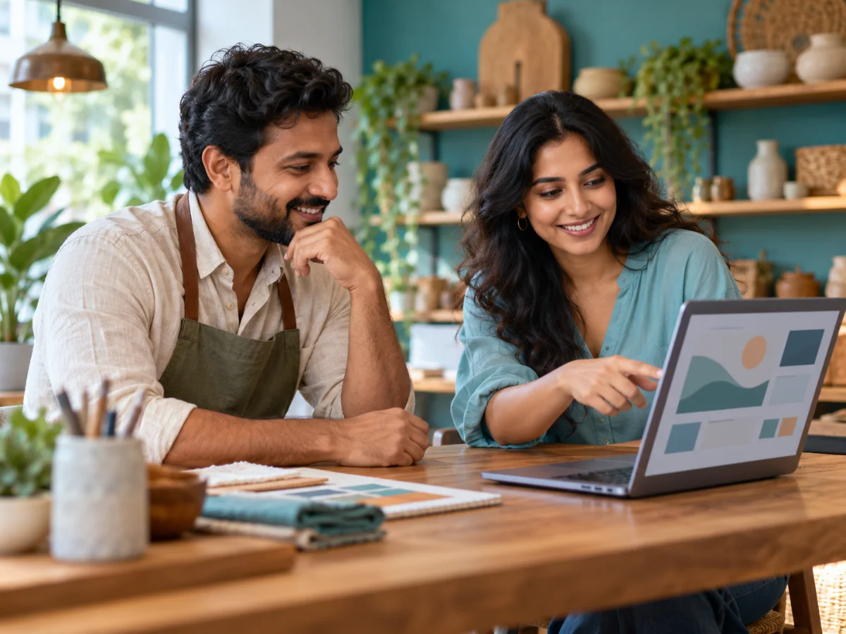 Shop owner and designer reviewing a website on a laptop