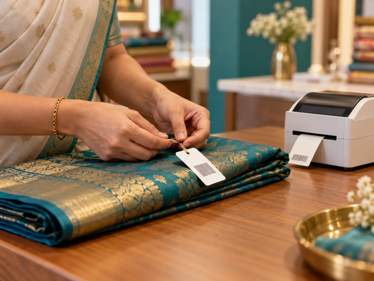 Hands attaching a barcode price tag to a folded silk saree beside a label printer