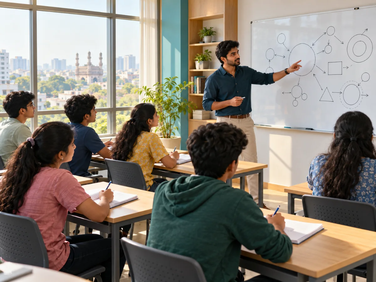 Teacher at a whiteboard teaching teenage students in a bright coaching centre classroom