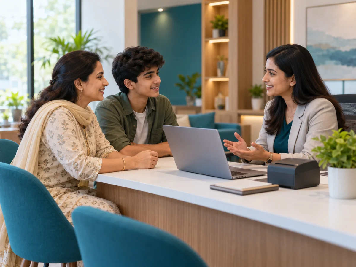 Parent and student speaking with an admissions counsellor at a coaching centre reception