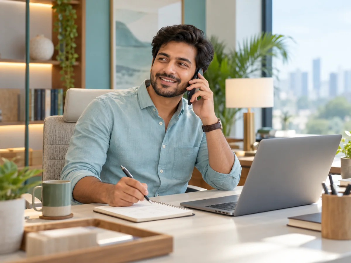 Sales executive following up a lead by phone at a bright desk