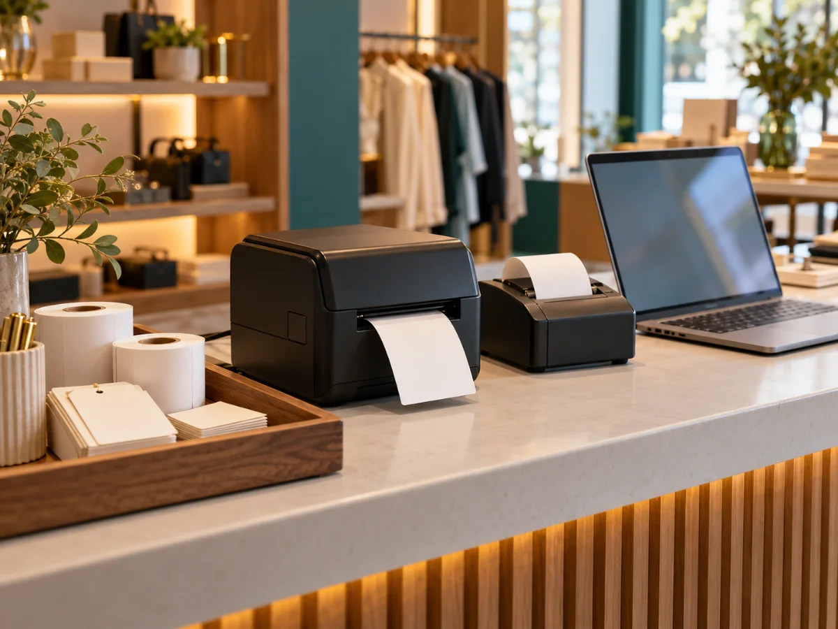 Slip printer and label printer on a shop billing counter