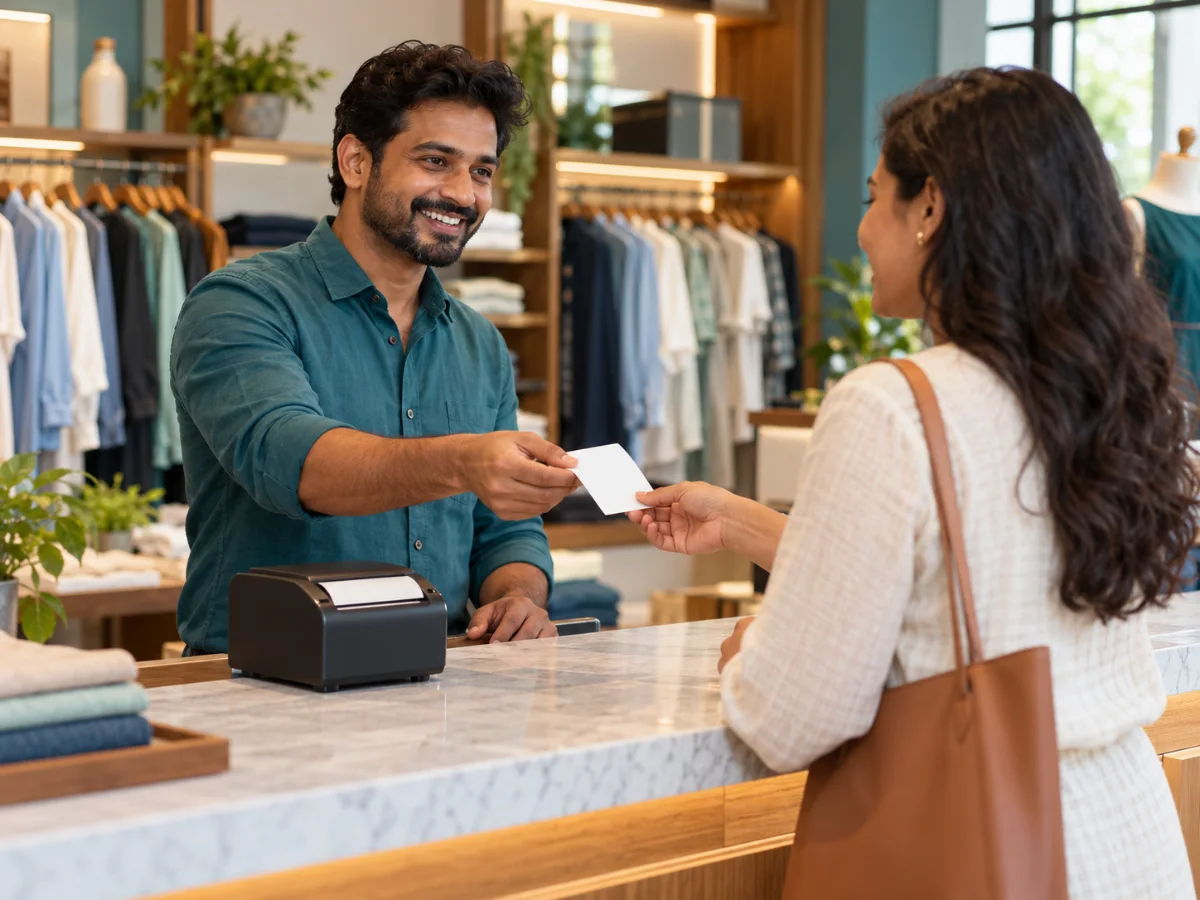 Shopkeeper handing a printed slip to a customer