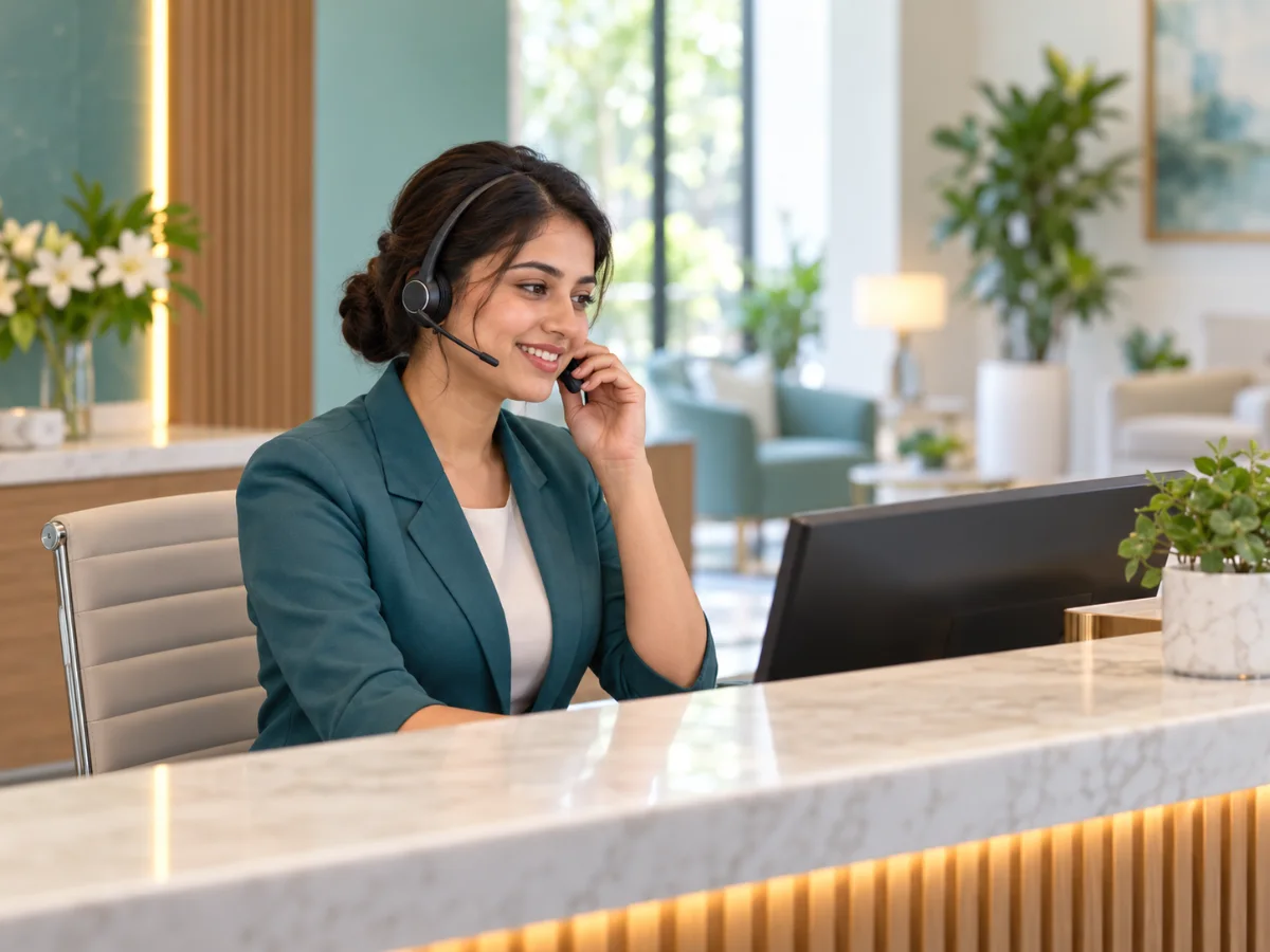 Front desk executive with a headset taking a call