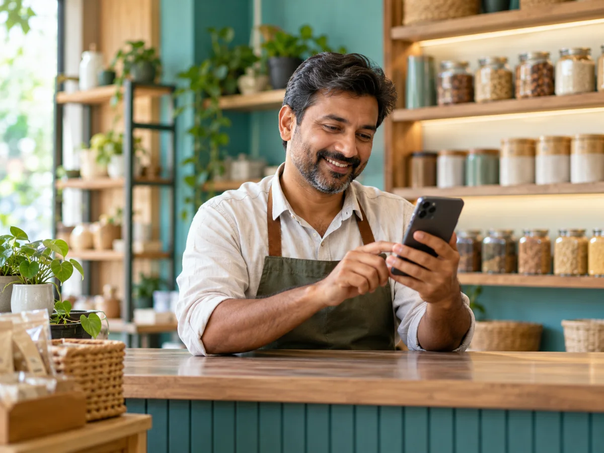 Shop owner replying to customers on WhatsApp at his counter