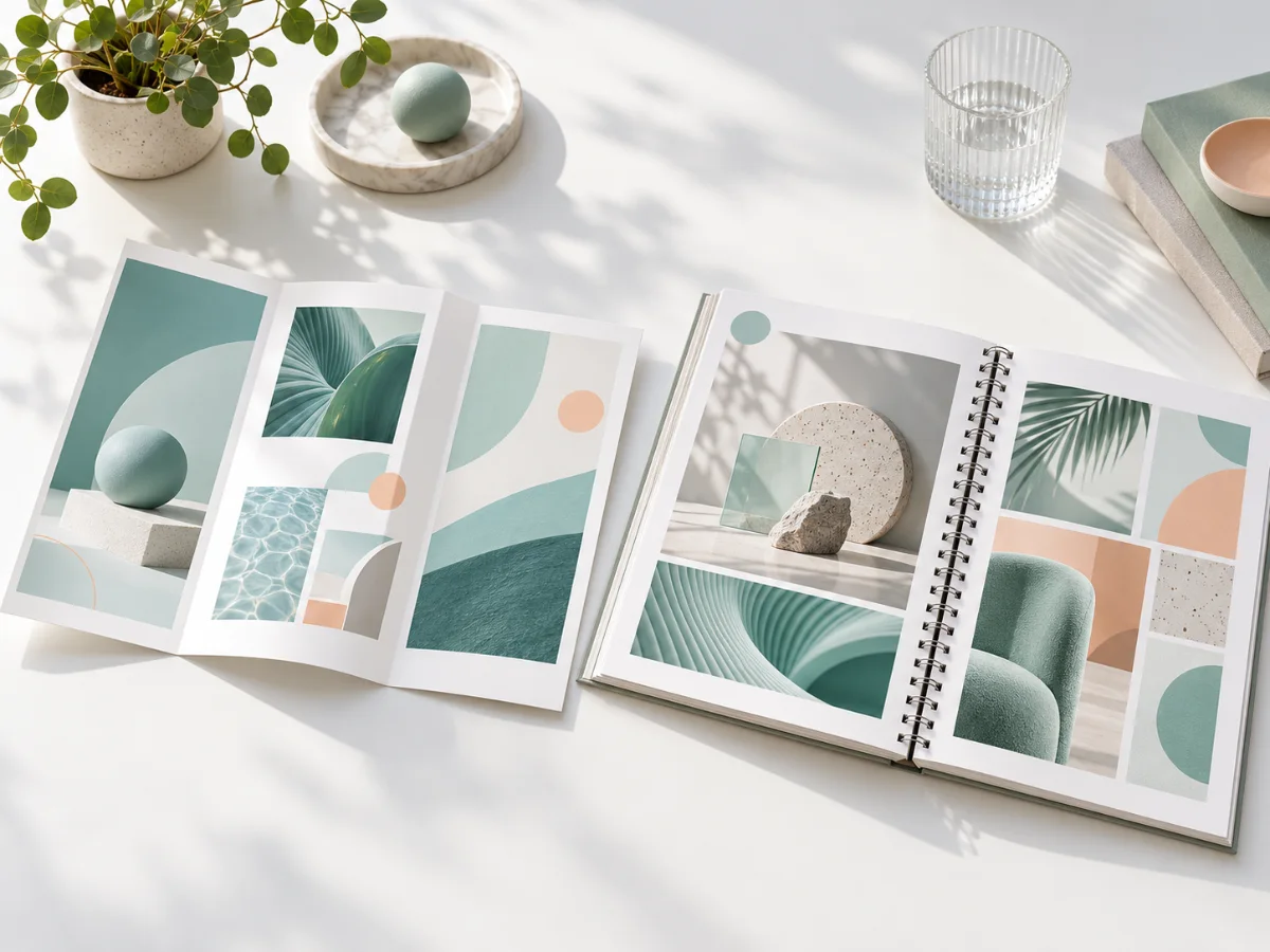 Tri-fold brochure and a spiral-bound catalogue on a clean desk