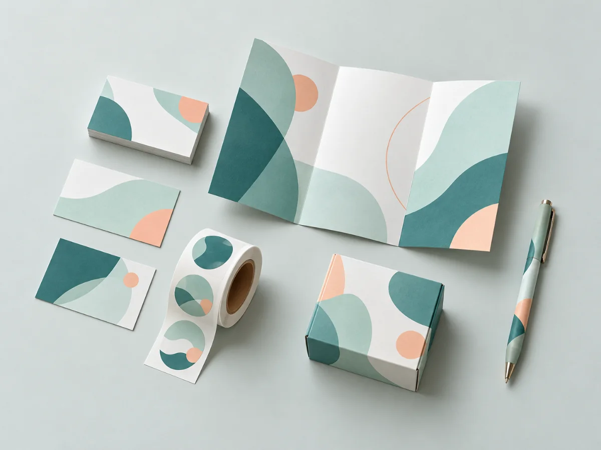 Printed business material: cards, brochure, labels and a small box