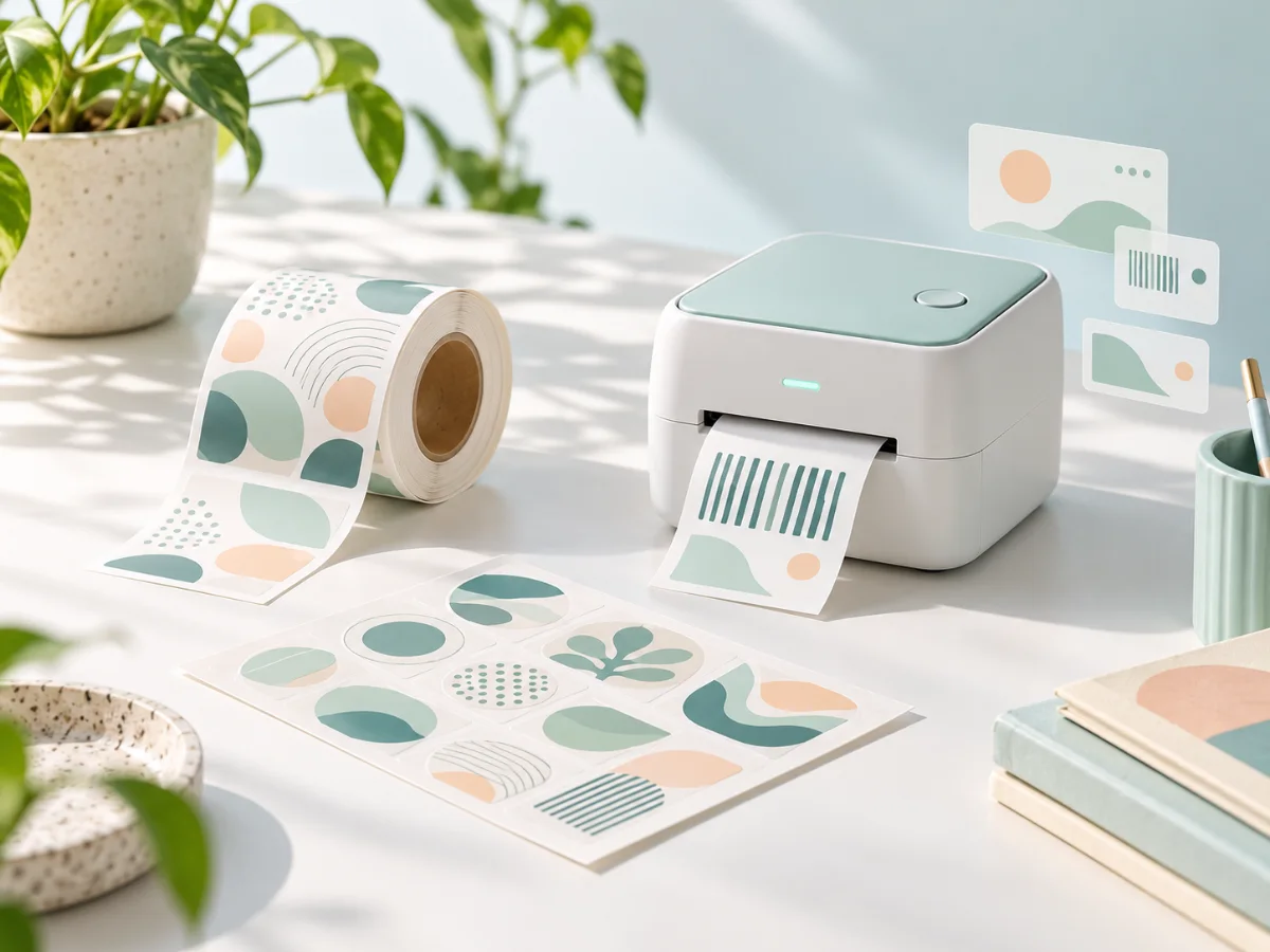 Roll of printed labels, a die-cut sticker sheet and a barcode label from a thermal printer