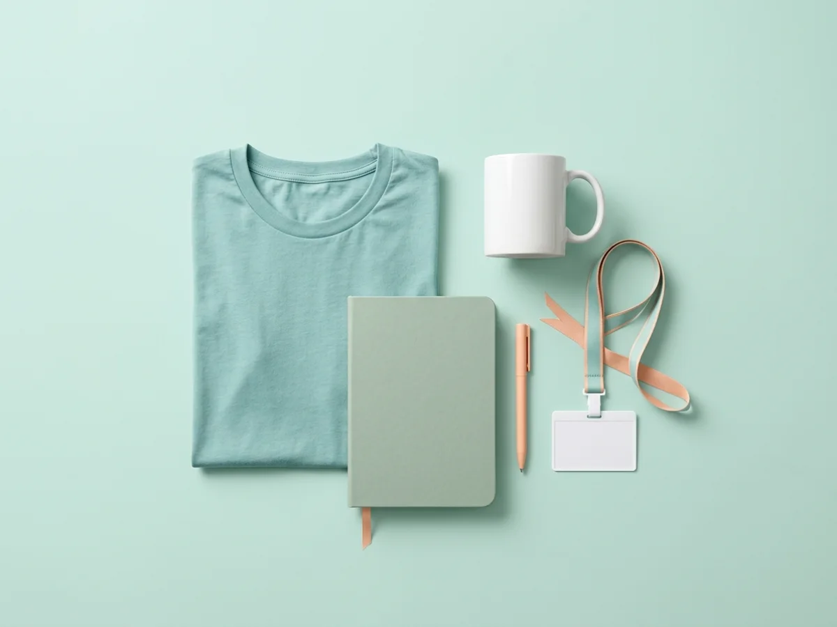 Folded teal T-shirt, a white mug, a lanyard with a blank ID card and a notebook on a mint surface