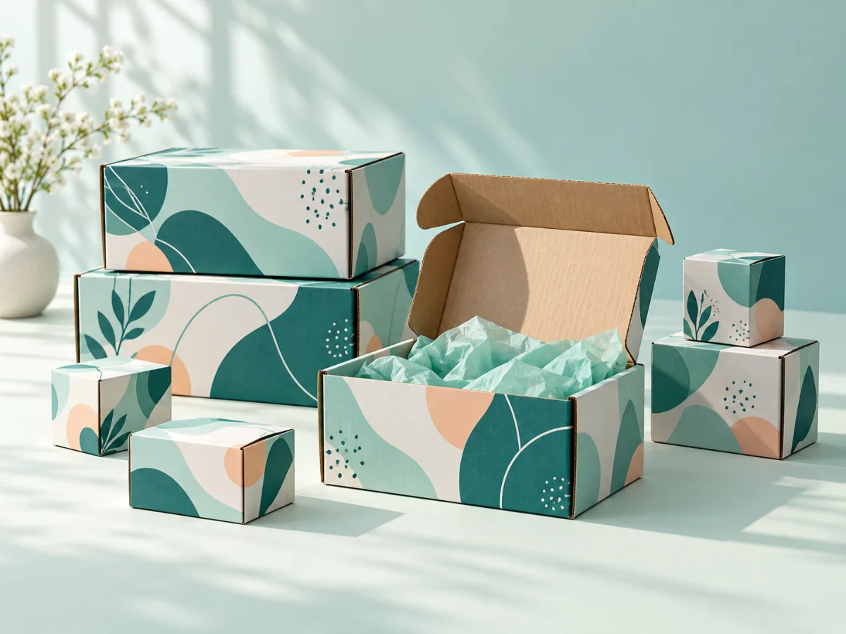 Custom printed corrugated shipping boxes and retail cartons stacked neatly, one box open