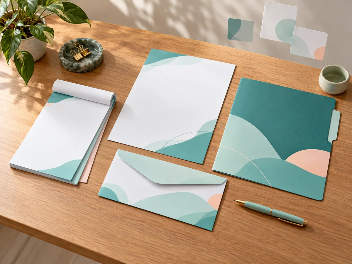 Carbonless bill book, letterhead, envelope and file folder in matching branding on a wooden desk