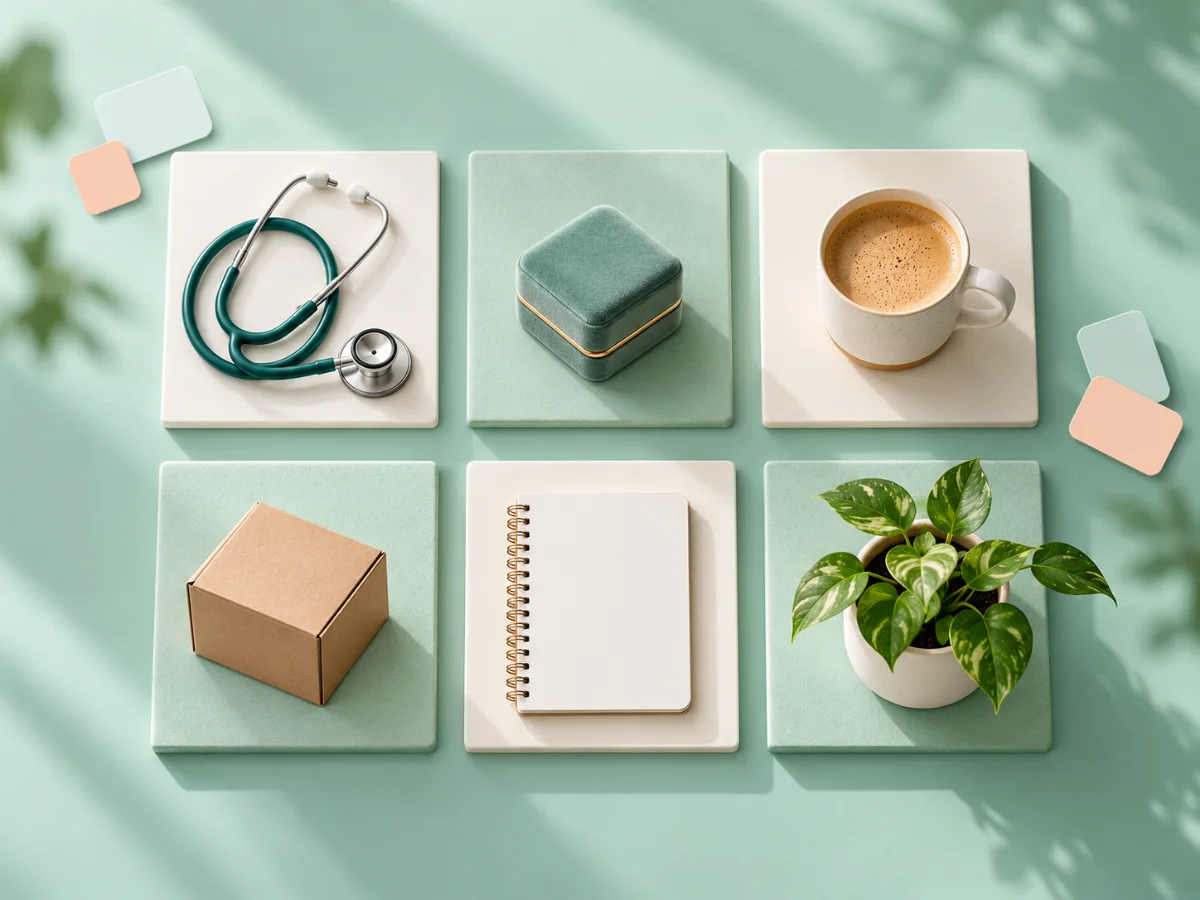 Grid of small-business objects: a stethoscope, a jewellery box, a coffee cup, a box, a notebook and a plant