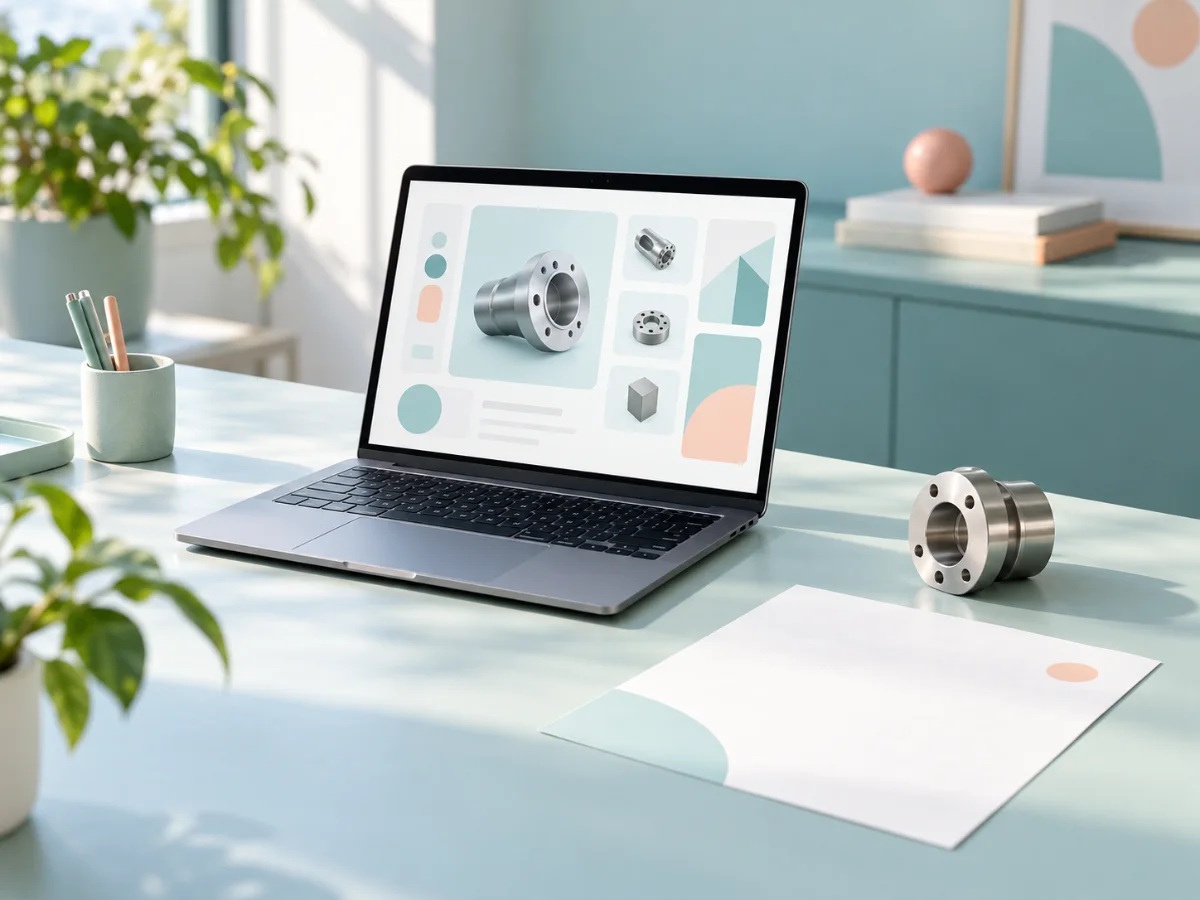 Laptop showing a product catalogue page beside a machined metal part and a spec sheet