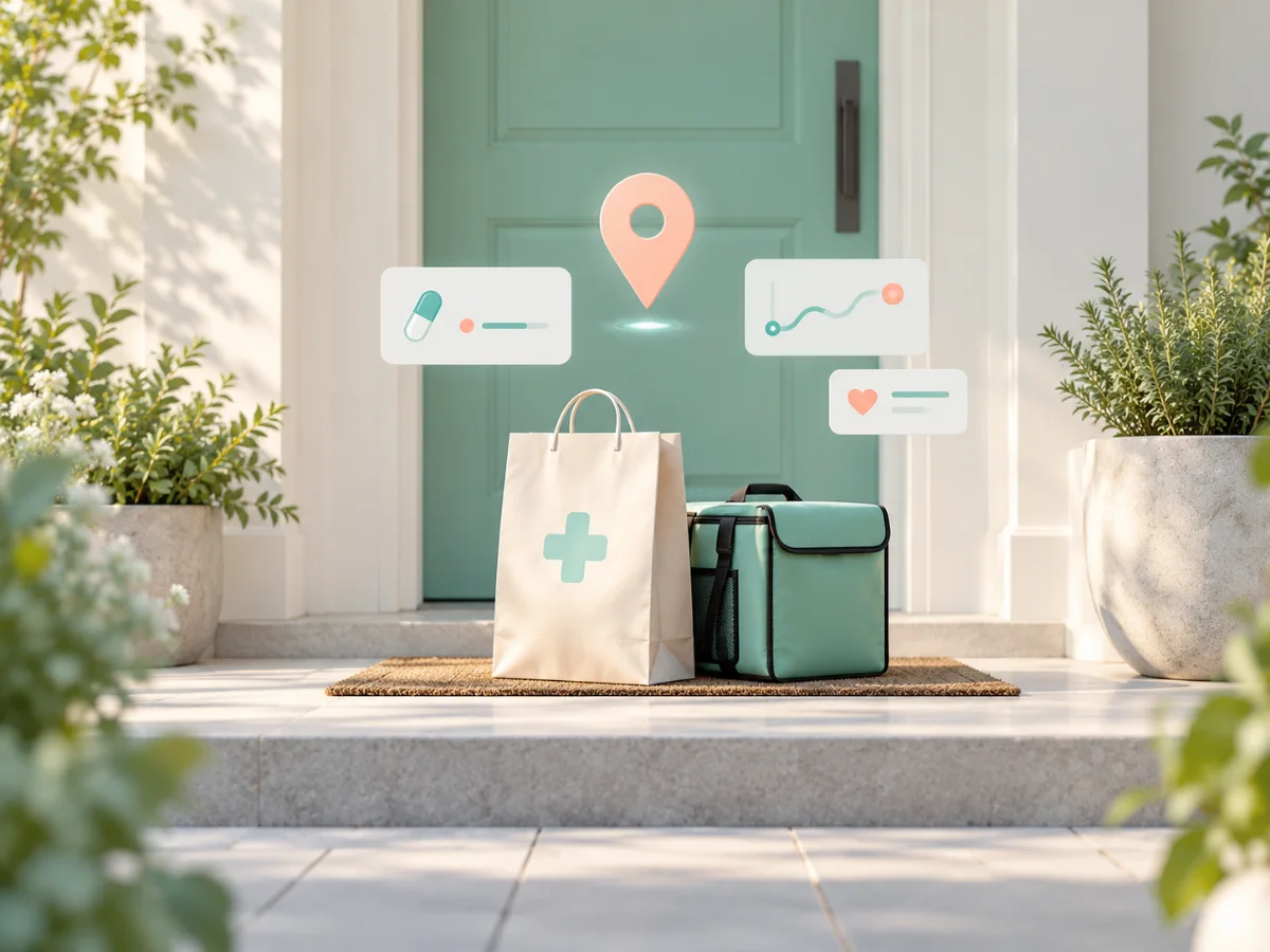 Pharmacy bag and delivery bag on a doorstep with a map pin icon