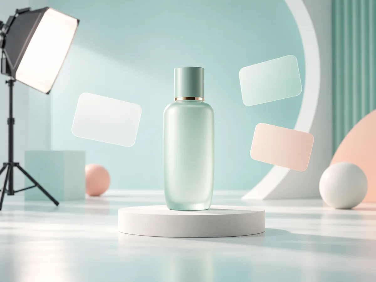 Product photography setup with a softbox light and a bottle on a pastel backdrop