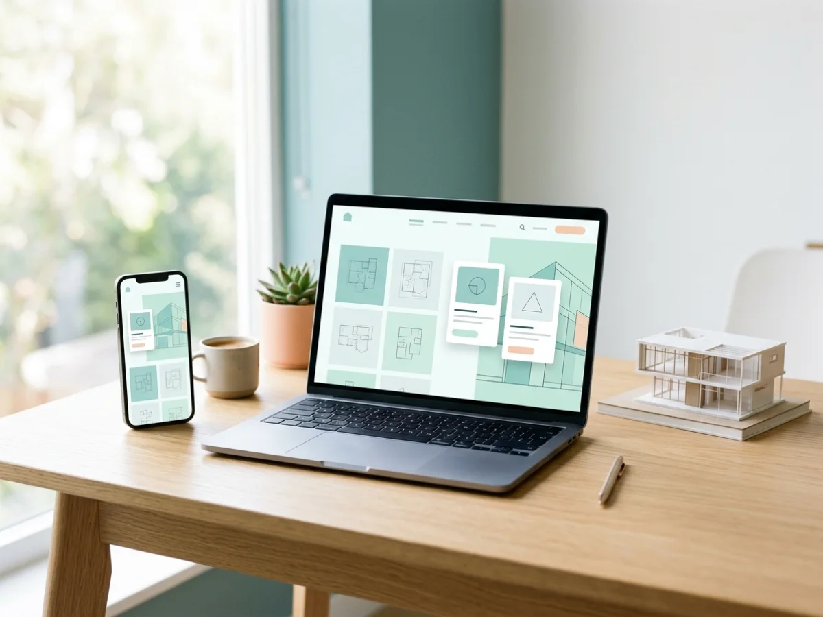 Phone and laptop showing a real estate project website with floor plan thumbnails beside a building model
