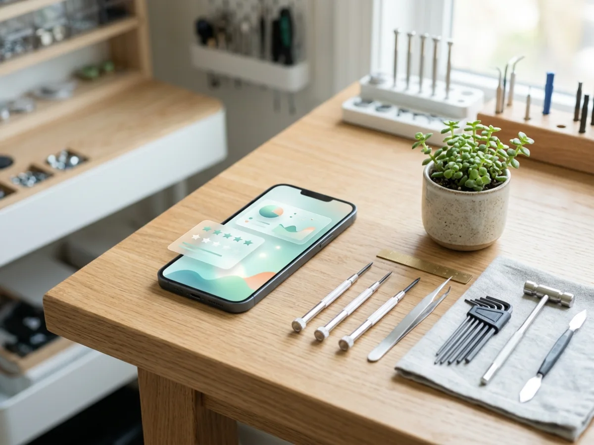 Phone showing review cards beside a tidy workshop bench with tools